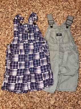 OshKosh B'gosh Navy Plaid and Sage Green Toddler Overalls Set
